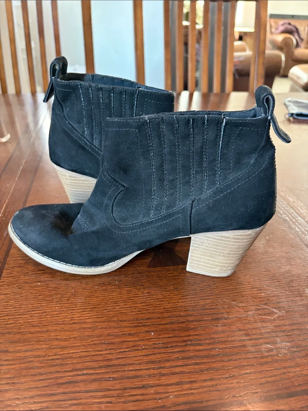 Sugar Black Suede Ankle Booties with Stacked Heel